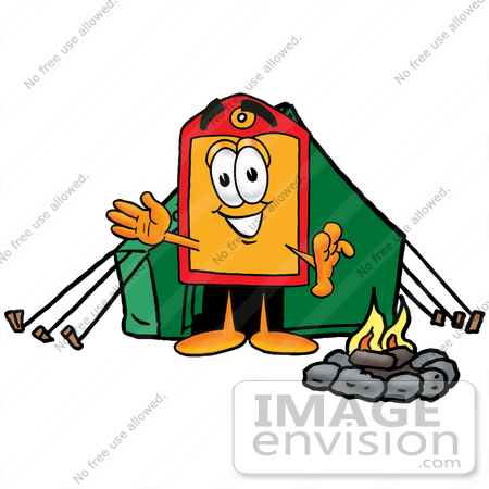 #26432 Clip Art Graphic of a Red and Yellow Sales Price Tag Cartoon Character Camping With a Tent and Fire by toons4biz