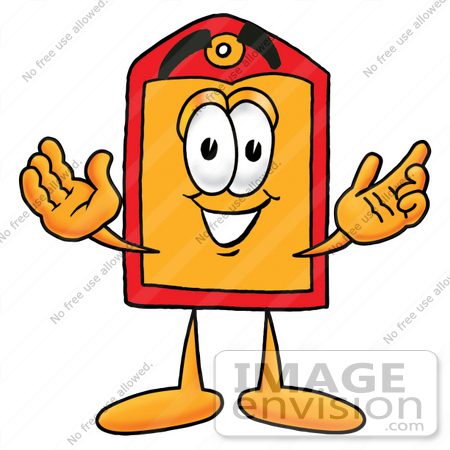 #26434 Clip Art Graphic of a Red and Yellow Sales Price Tag Cartoon Character With Welcoming Open Arms by toons4biz