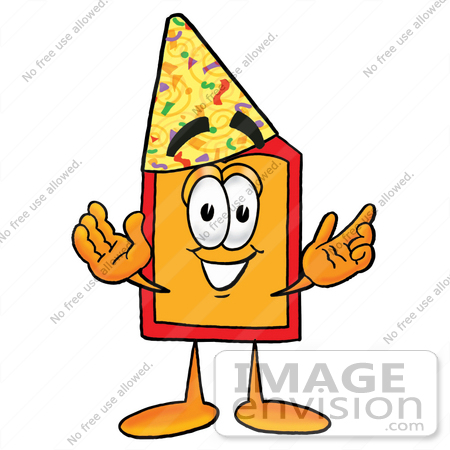 #26437 Clip Art Graphic of a Red and Yellow Sales Price Tag Cartoon Character Wearing a Birthday Party Hat by toons4biz