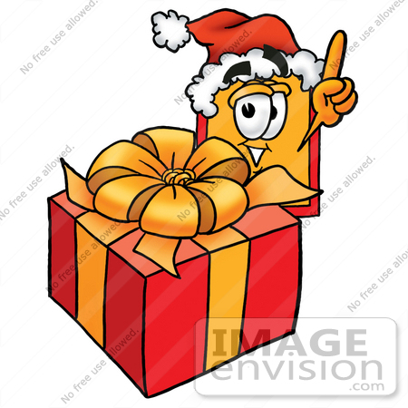 #26442 Clip Art Graphic of a Red and Yellow Sales Price Tag Cartoon Character Standing by a Christmas Present by toons4biz