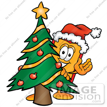 #26444 Clip Art Graphic of a Red and Yellow Sales Price Tag Cartoon Character Waving and Standing by a Decorated Christmas Tree by toons4biz