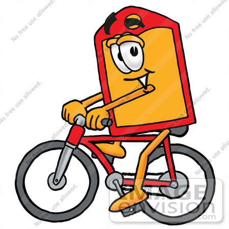 #26445 Clip Art Graphic of a Red and Yellow Sales Price Tag Cartoon Character Riding a Bicycle by toons4biz