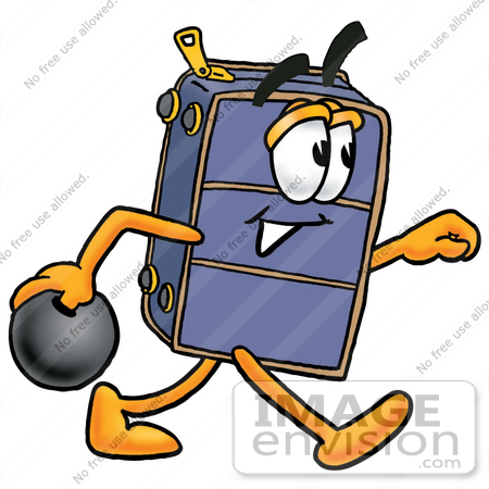 #26449 Clip Art Graphic of a Suitcase Luggage Cartoon Character Holding a Bowling Ball by toons4biz