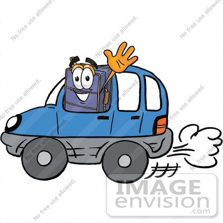 #26454 Clip Art Graphic of a Suitcase Luggage Cartoon Character Driving a Blue Car and Waving by toons4biz