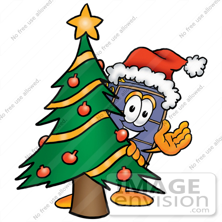 #26463 Clip Art Graphic of a Suitcase Luggage Cartoon Character Waving and Standing by a Decorated Christmas Tree by toons4biz