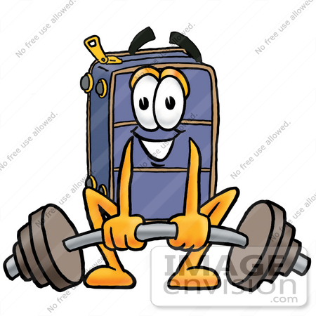 #26470 Clip Art Graphic of a Suitcase Luggage Cartoon Character Lifting a Heavy Barbell by toons4biz