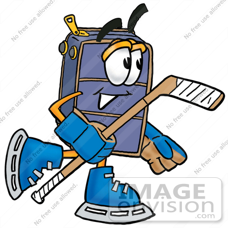 #26478 Clip Art Graphic of a Suitcase Luggage Cartoon Character Playing Ice Hockey by toons4biz