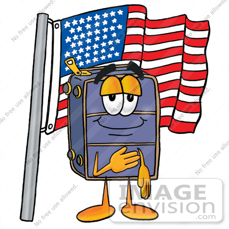 #26481 Clip Art Graphic of a Suitcase Luggage Cartoon Character Pledging Allegiance to an American Flag by toons4biz