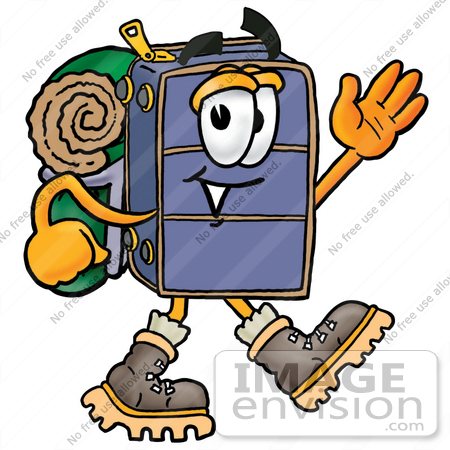 #26499 Clip Art Graphic of a Suitcase Luggage Cartoon Character Hiking and Carrying a Backpack by toons4biz