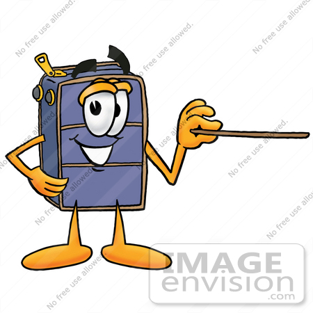 #26500 Clip Art Graphic of a Suitcase Luggage Cartoon Character Holding a Pointer Stick by toons4biz