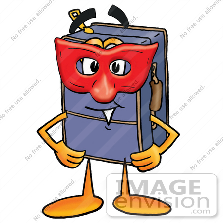 #26501 Clip Art Graphic of a Suitcase Luggage Cartoon Character Wearing a Red Mask Over His Face by toons4biz