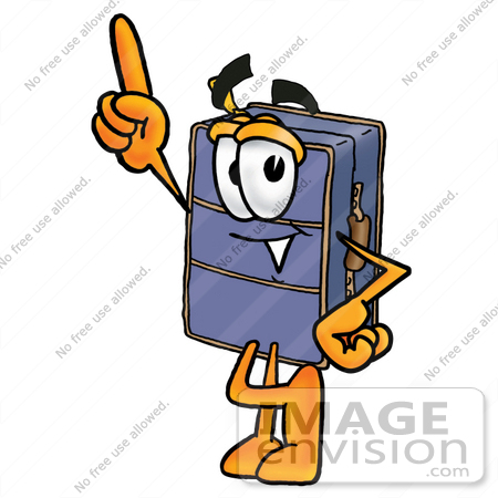#26508 Clip Art Graphic of a Suitcase Luggage Cartoon Character Pointing Upwards by toons4biz