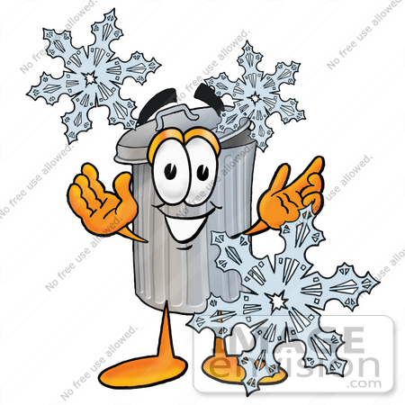 #26519 Clip Art Graphic of a Metal Trash Can Cartoon Character With Three Snowflakes in Winter by toons4biz