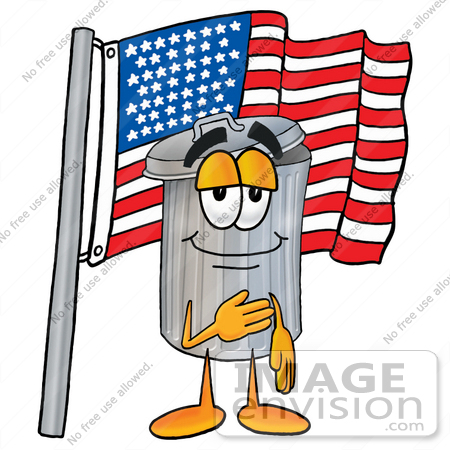 #26524 Clip Art Graphic of a Metal Trash Can Cartoon Character Pledging Allegiance to an American Flag by toons4biz
