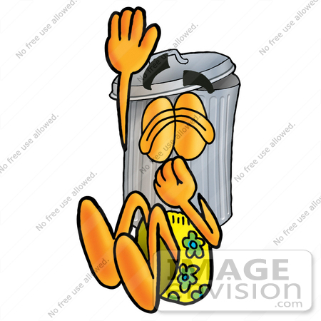 #26536 Clip Art Graphic of a Metal Trash Can Cartoon Character Plugging His Nose While Jumping Into Water by toons4biz