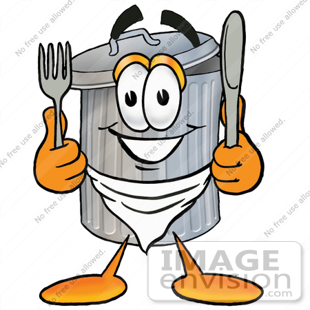 #26539 Clip Art Graphic of a Metal Trash Can Cartoon Character Holding a Knife and Fork by toons4biz