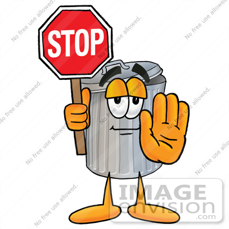 #26567 Clip Art Graphic of a Metal Trash Can Cartoon Character Holding a Stop Sign by toons4biz