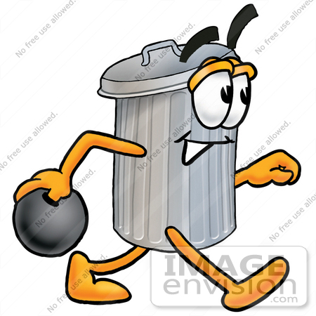 #26572 Clip Art Graphic of a Metal Trash Can Cartoon Character Holding a Bowling Ball by toons4biz