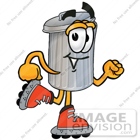 #26573 Clip Art Graphic of a Metal Trash Can Cartoon Character Roller Blading on Inline Skates by toons4biz