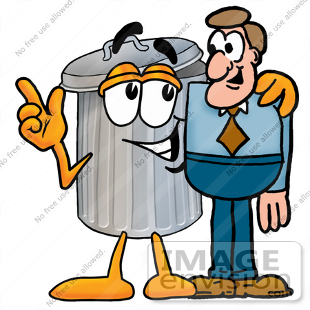 #26575 Clip Art Graphic of a Metal Trash Can Cartoon Character Talking to a Business Man by toons4biz