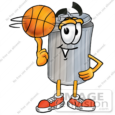 #26576 Clip Art Graphic of a Metal Trash Can Cartoon Character Spinning a Basketball on His Finger by toons4biz