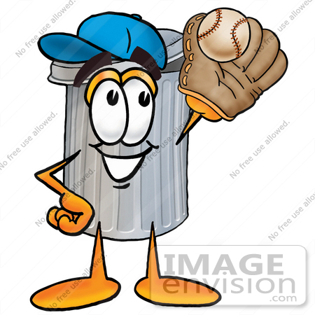 #26577 Clip Art Graphic of a Metal Trash Can Cartoon Character Catching a Baseball With a Glove by toons4biz