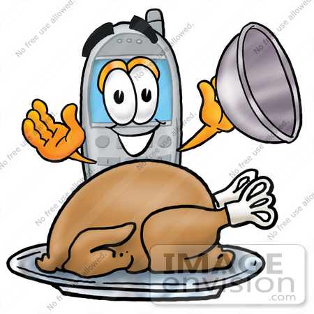 #26585 Clip Art Graphic of a Gray Cell Phone Cartoon Character Serving a Thanksgiving Turkey on a Platter by toons4biz