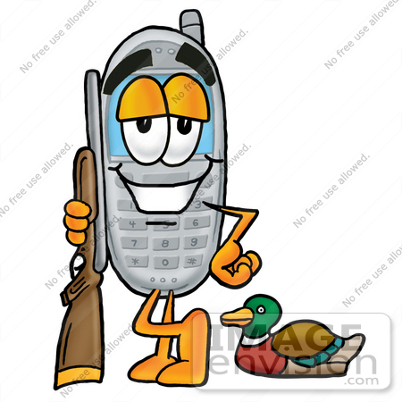 #26588 Clip Art Graphic of a Gray Cell Phone Cartoon Character Duck Hunting, Standing With a Rifle and Duck by toons4biz
