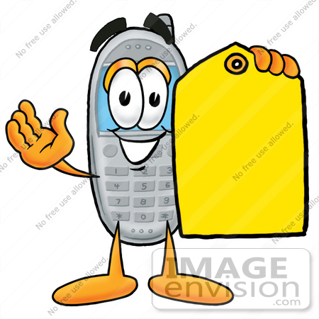 #26591 Clip Art Graphic of a Gray Cell Phone Cartoon Character Holding a Yellow Sales Price Tag by toons4biz