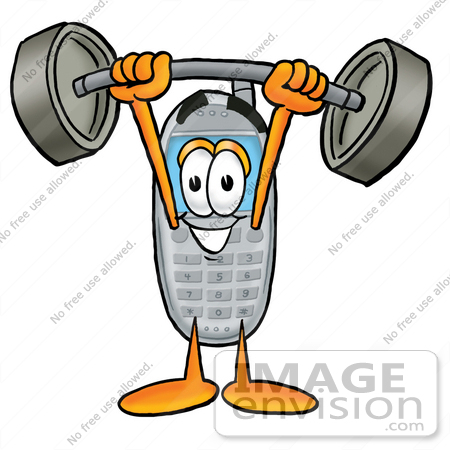 #26595 Clip Art Graphic of a Gray Cell Phone Cartoon Character Holding a Heavy Barbell Above His Head by toons4biz
