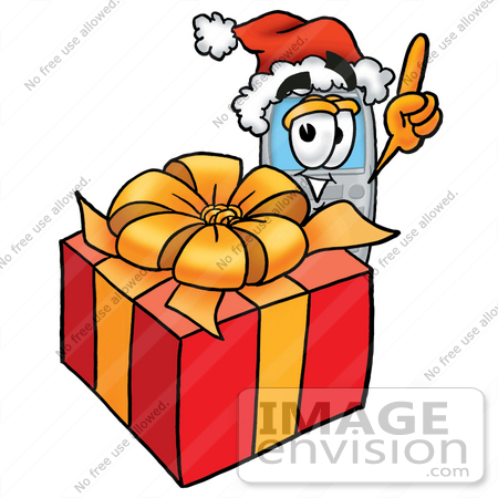 #26603 Clip Art Graphic of a Gray Cell Phone Cartoon Character Standing by a Christmas Present by toons4biz