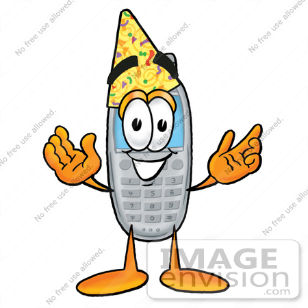 #26609 Clip Art Graphic of a Gray Cell Phone Cartoon Character Wearing a Birthday Party Hat by toons4biz