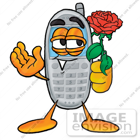 #26618 Clip Art Graphic of a Gray Cell Phone Cartoon Character Holding a Red Rose on Valentines Day by toons4biz