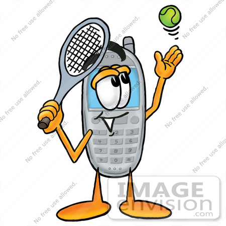 #26621 Clip Art Graphic of a Gray Cell Phone Cartoon Character Preparing to Hit a Tennis Ball by toons4biz