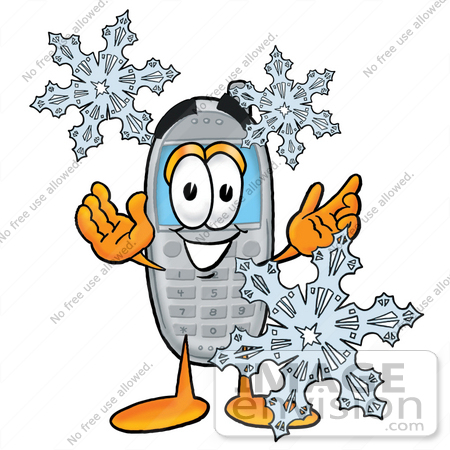 #26623 Clip Art Graphic of a Gray Cell Phone Cartoon Character With Three Snowflakes in Winter by toons4biz
