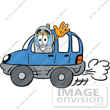 #26627 Clip Art Graphic of a Gray Cell Phone Cartoon Character Driving a Blue Car and Waving by toons4biz