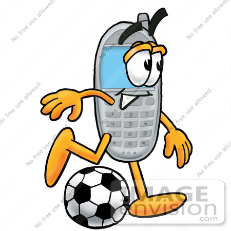 #26628 Clip Art Graphic of a Gray Cell Phone Cartoon Character Kicking a Soccer Ball by toons4biz
