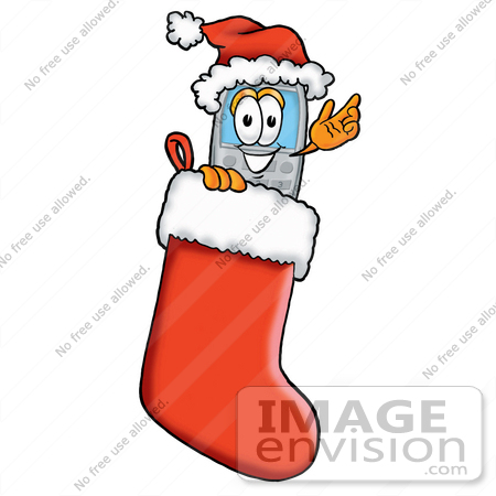 #26638 Clip Art Graphic of a Gray Cell Phone Cartoon Character Wearing a Santa Hat Inside a Red Christmas Stocking by toons4biz