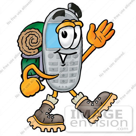 #26639 Clip Art Graphic of a Gray Cell Phone Cartoon Character Hiking and Carrying a Backpack by toons4biz