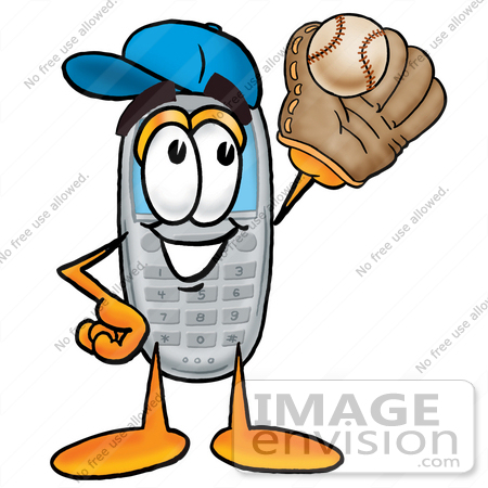 #26641 Clip Art Graphic of a Gray Cell Phone Cartoon Character Catching a Baseball With a Glove by toons4biz