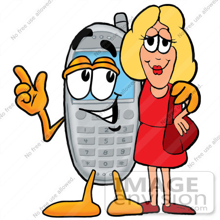 #26644 Clip Art Graphic of a Gray Cell Phone Cartoon Character Talking to a Pretty Blond Woman by toons4biz