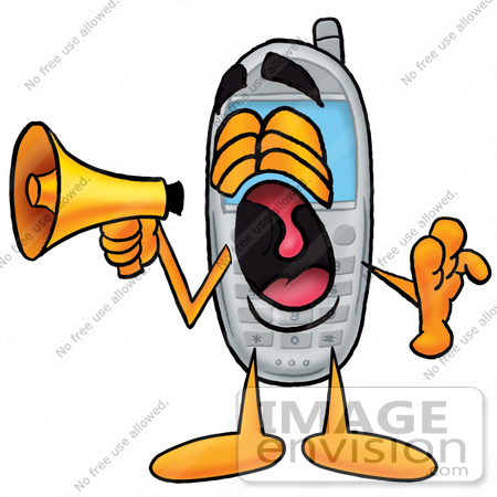#26645 Clip Art Graphic of a Gray Cell Phone Cartoon Character Screaming Into a Megaphone by toons4biz