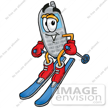 #26647 Clip Art Graphic of a Gray Cell Phone Cartoon Character Skiing Downhill by toons4biz