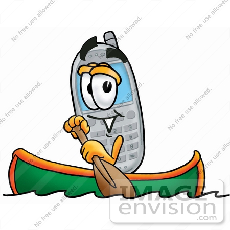 #26651 Clip Art Graphic of a Gray Cell Phone Cartoon Character Rowing a Boat by toons4biz