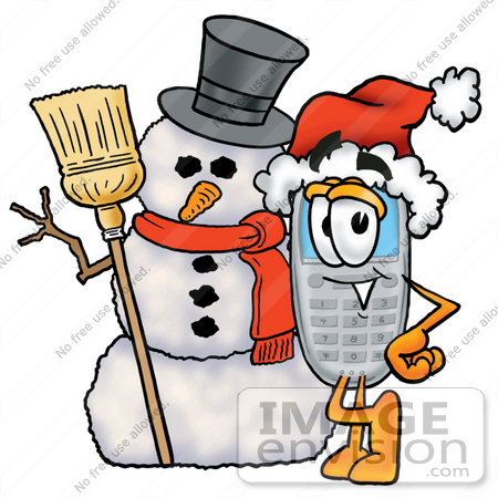 #26653 Clip Art Graphic of a Gray Cell Phone Cartoon Character With a Snowman on Christmas by toons4biz