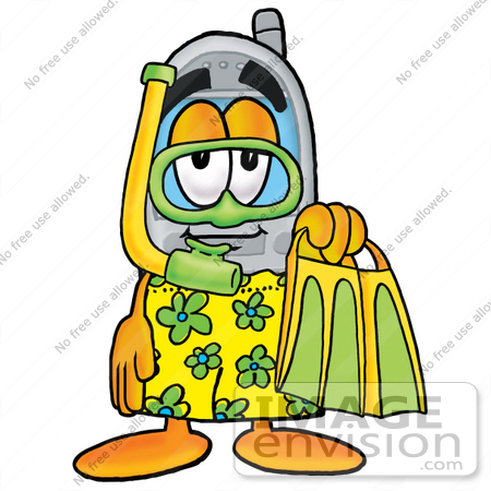 #26657 Clip Art Graphic of a Gray Cell Phone Cartoon Character in Green and Yellow Snorkel Gear by toons4biz