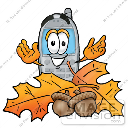 #26658 Clip Art Graphic of a Gray Cell Phone Cartoon Character With Autumn Leaves and Acorns in the Fall by toons4biz