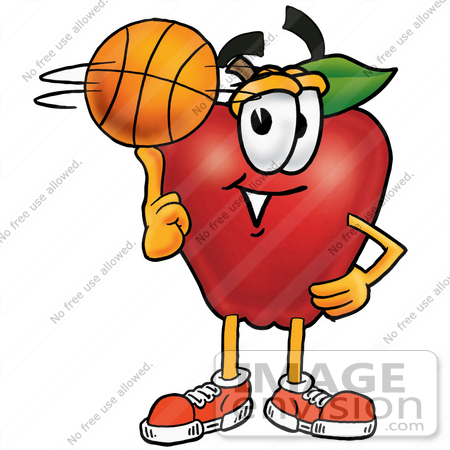 #26666 Clip art Graphic of a Red Apple Cartoon Character Spinning a Basketball on His Finger by toons4biz