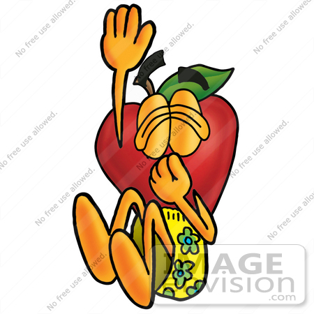 #26669 Clip art Graphic of a Red Apple Cartoon Character Plugging His Nose While Jumping Into Water by toons4biz