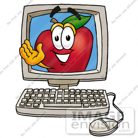 #26670 Clip art Graphic of a Red Apple Cartoon Character Waving From Inside a Computer Screen by toons4biz